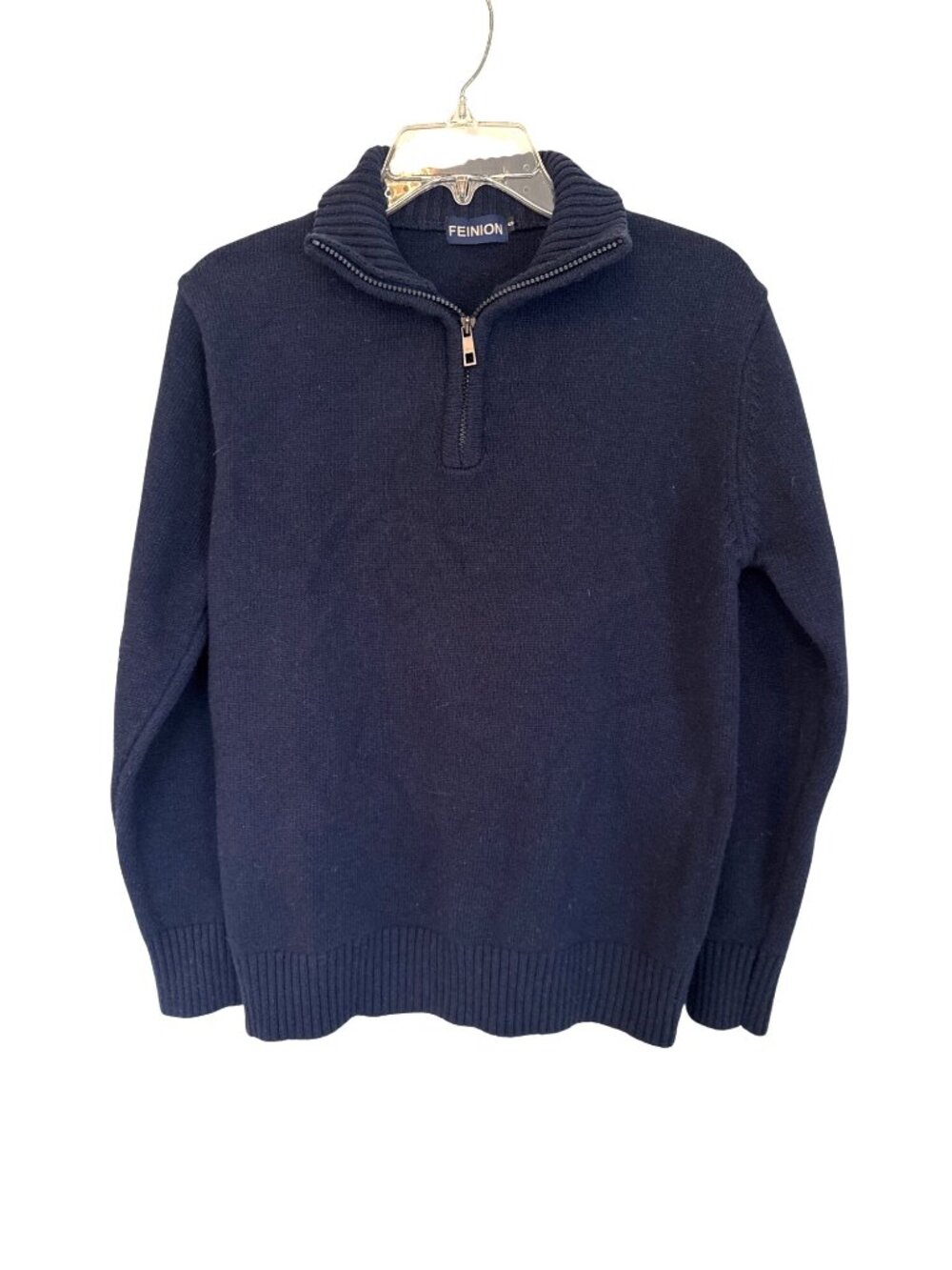 Feinion Navy Blue Wool Blend Long Sleeve Quarter Zip Sweater Men's Small
